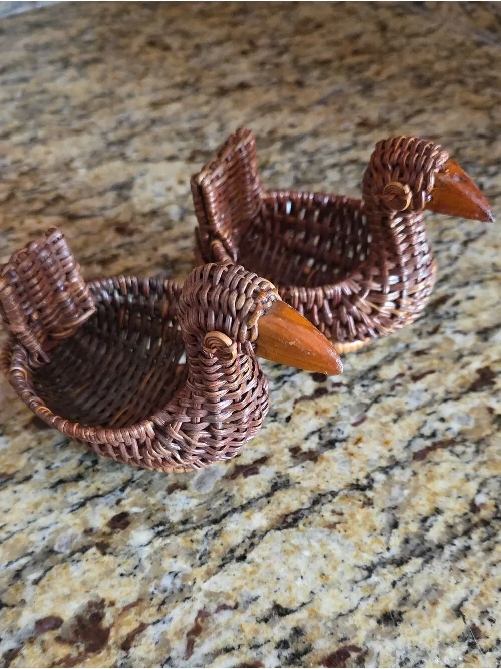 Vintage Mini Wicker/Rattan Duck Baskets (2), Carved Wooden Beaks